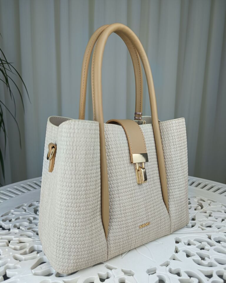 SARACH Kadın El ve Omuz Çantası - Bej / Hasır Desen