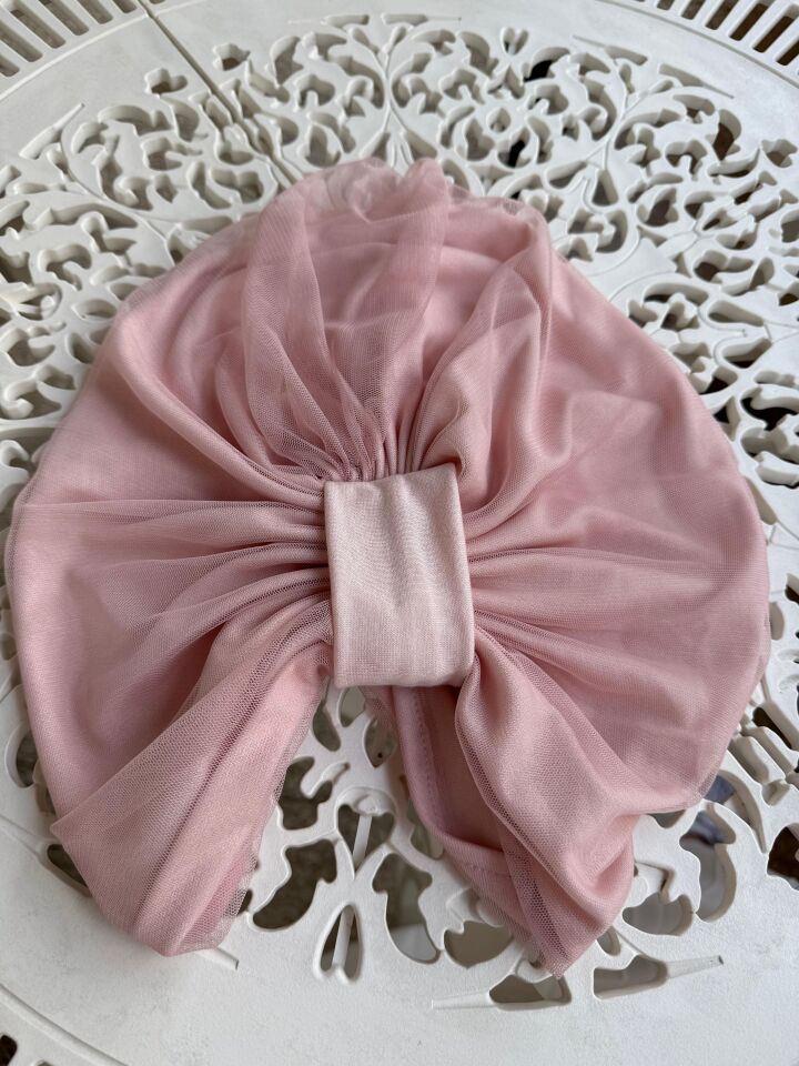 Burgu Detaylı Hazır Tül Bone - Pudra