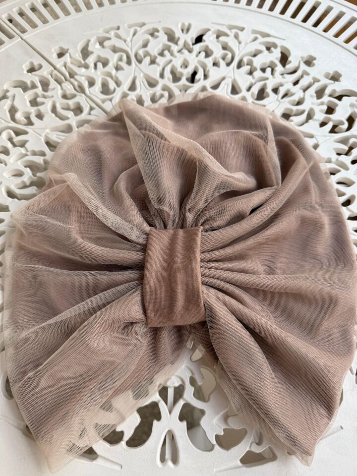 Burgu Detaylı Hazır Tül Bone - Vizon