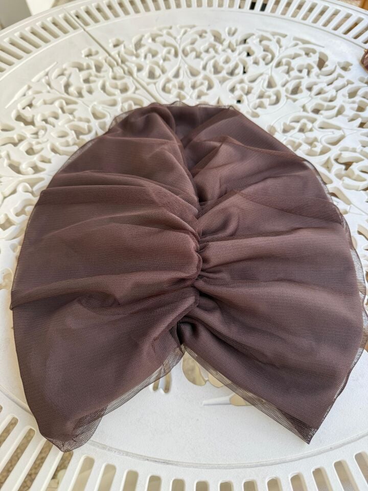 Burgu Detaylı Hazır Tül Bone - Çikolata Kahve