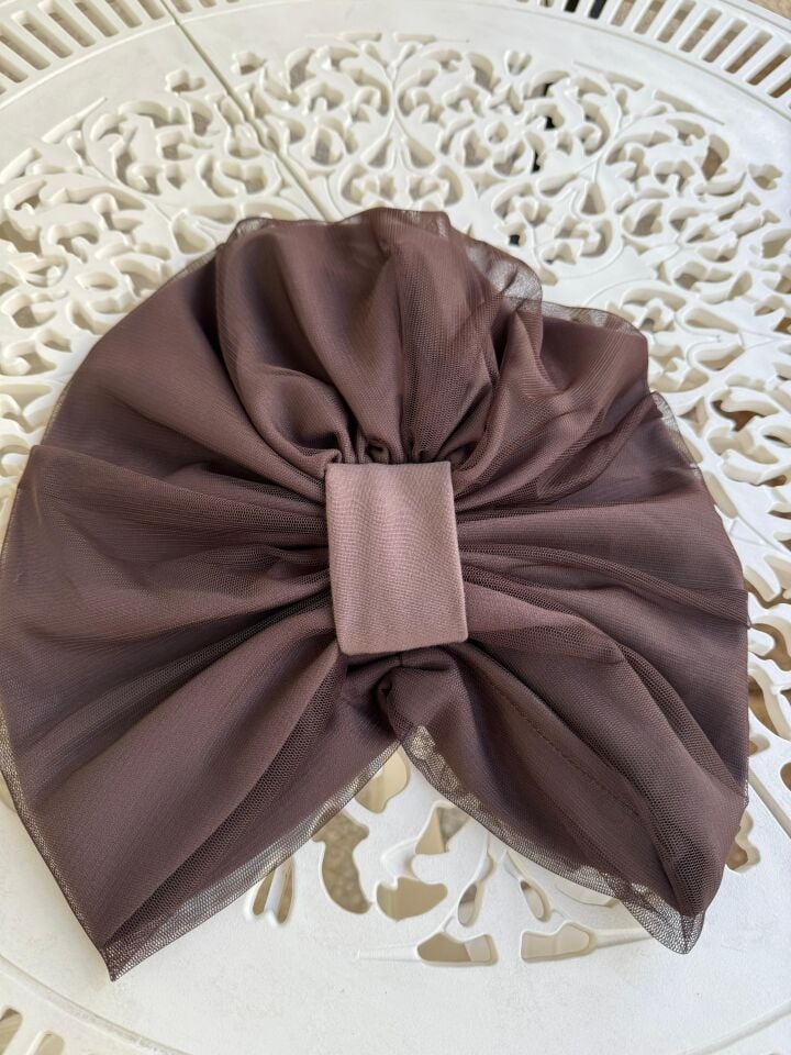 Burgu Detaylı Hazır Tül Bone - Çikolata Kahve