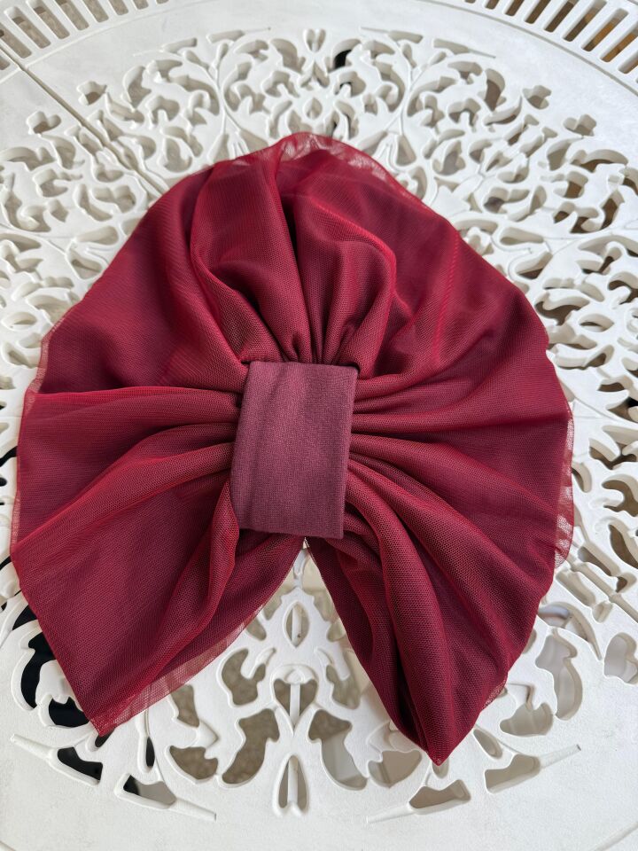 Burgu Detaylı Hazır Tül Bone - Kırmızı