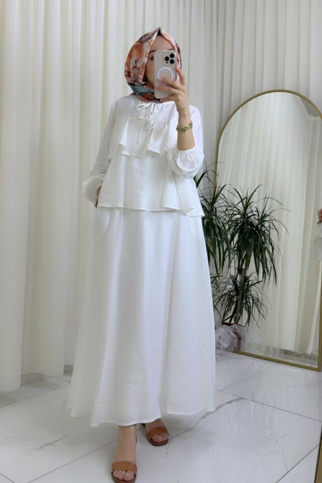 Volanlı Bluz/ Etekli Takım - Ekru