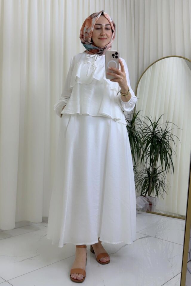 Volanlı Bluz/ Etekli Takım - Ekru