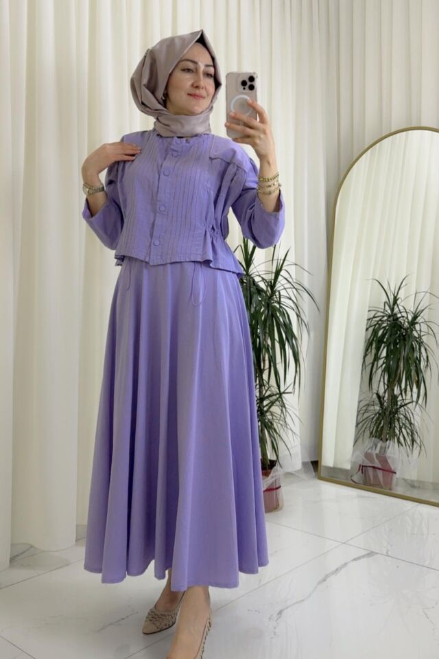 Büzgülü Bluz / Etekli Takım - Lila