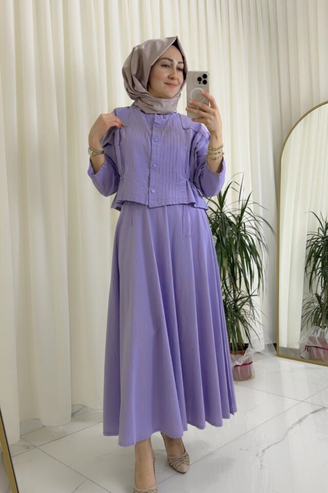 Büzgülü Bluz / Etekli Takım - Lila