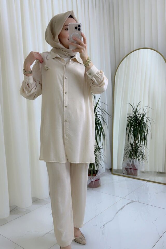 Broş Detaylı İkili Takım - Taş