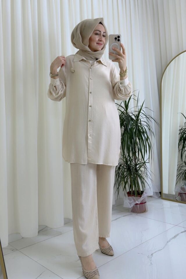 Broş Detaylı İkili Takım - Taş