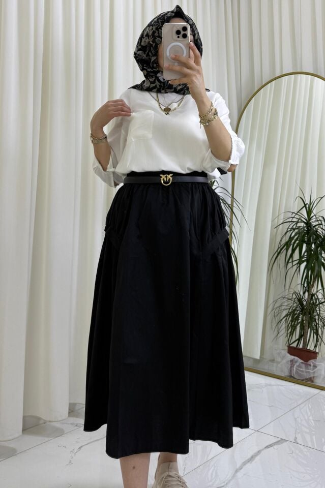 Beli Lastikli Yan Detaylı Etek - Siyah