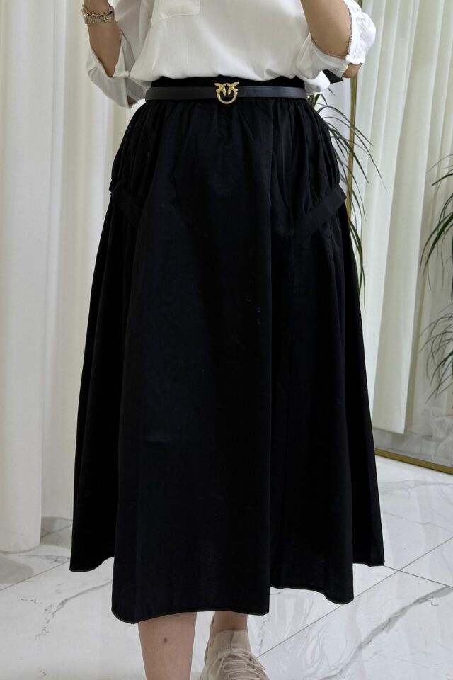 Beli Lastikli Yan Detaylı Etek - Siyah