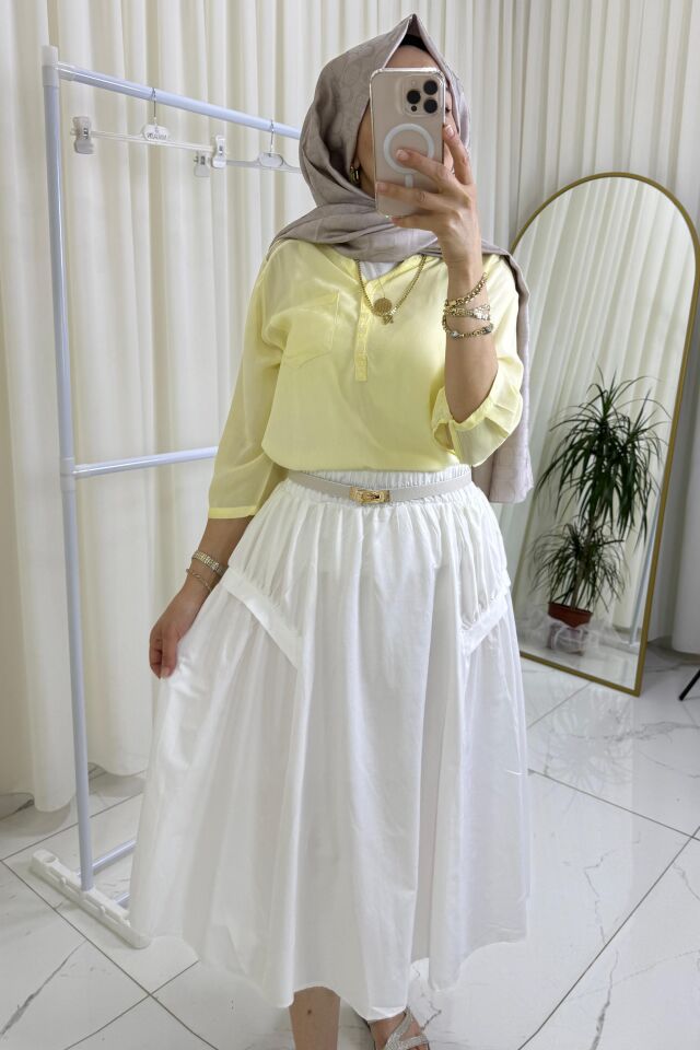 Beli Lastikli Yan Detaylı Etek - Beyaz