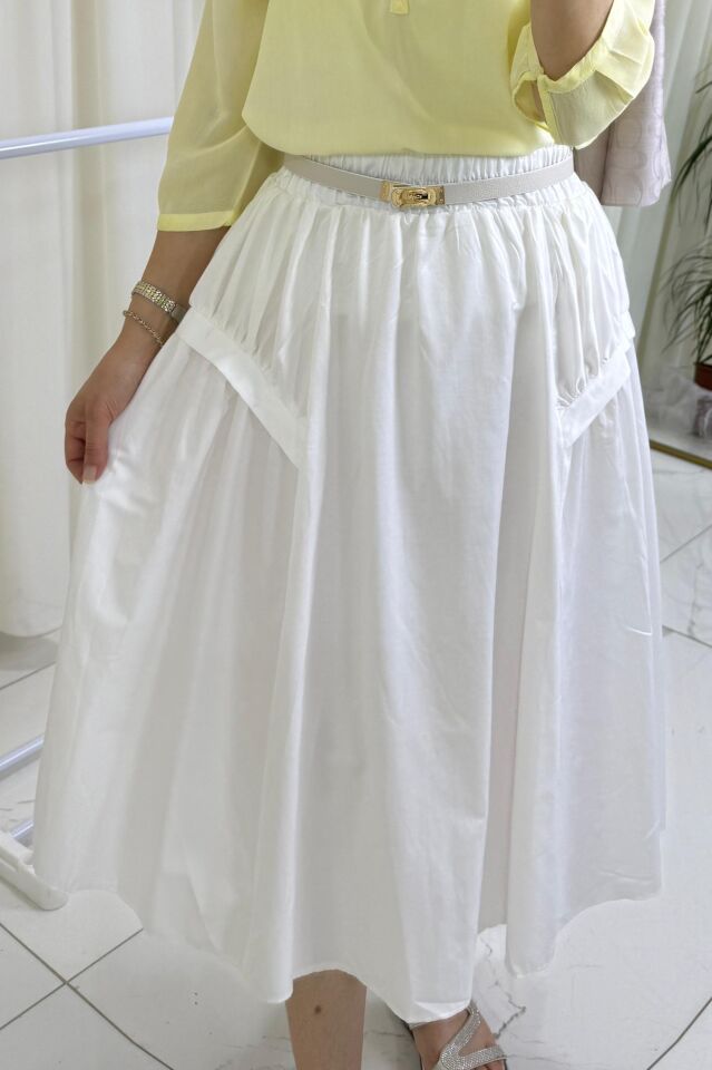 Beli Lastikli Yan Detaylı Etek - Beyaz