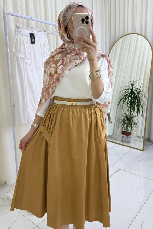 Beli Lastikli Yan Detaylı Etek - Camel
