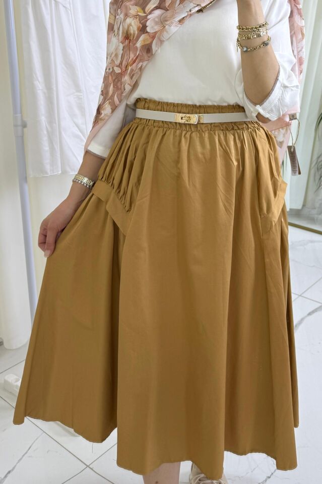 Beli Lastikli Yan Detaylı Etek - Camel