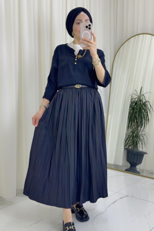 Pileli Kırışık Etek - Siyah