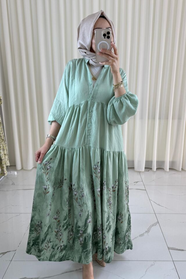 Çiçek Desenli Elbise - Mint Yeşili