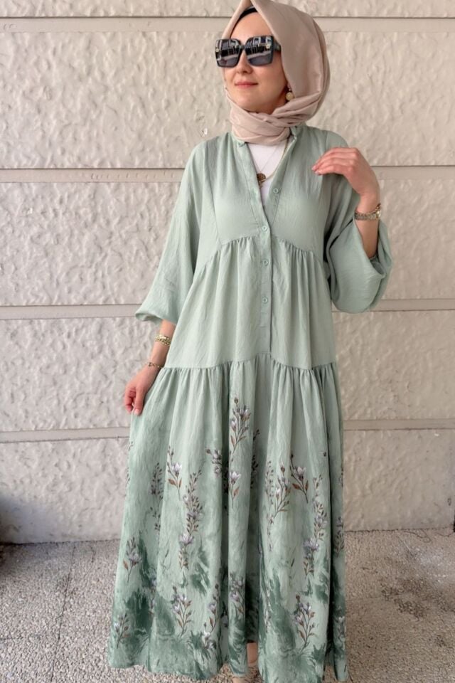 Çiçek Desenli Elbise - Mint Yeşili