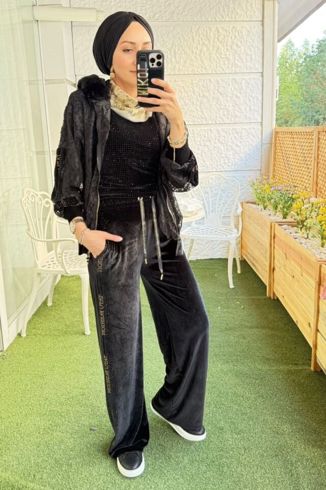 Fisto Ceketli Işıltılı Üçlü Eşofman Takım - Siyah