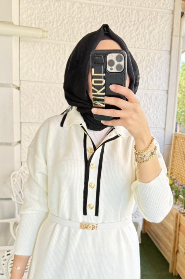 Fitilli Triko Elbise - Beyaz