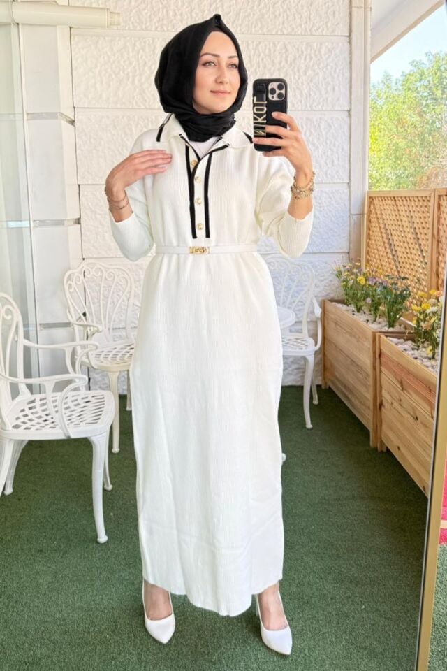 Fitilli Triko Elbise - Beyaz