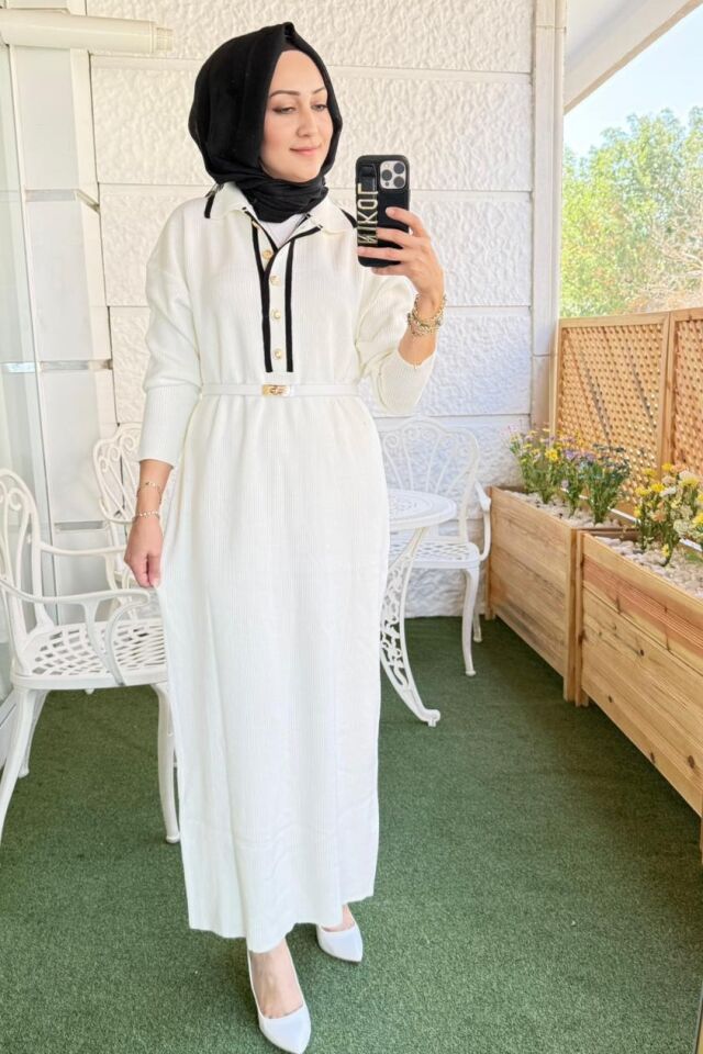 Fitilli Triko Elbise - Beyaz