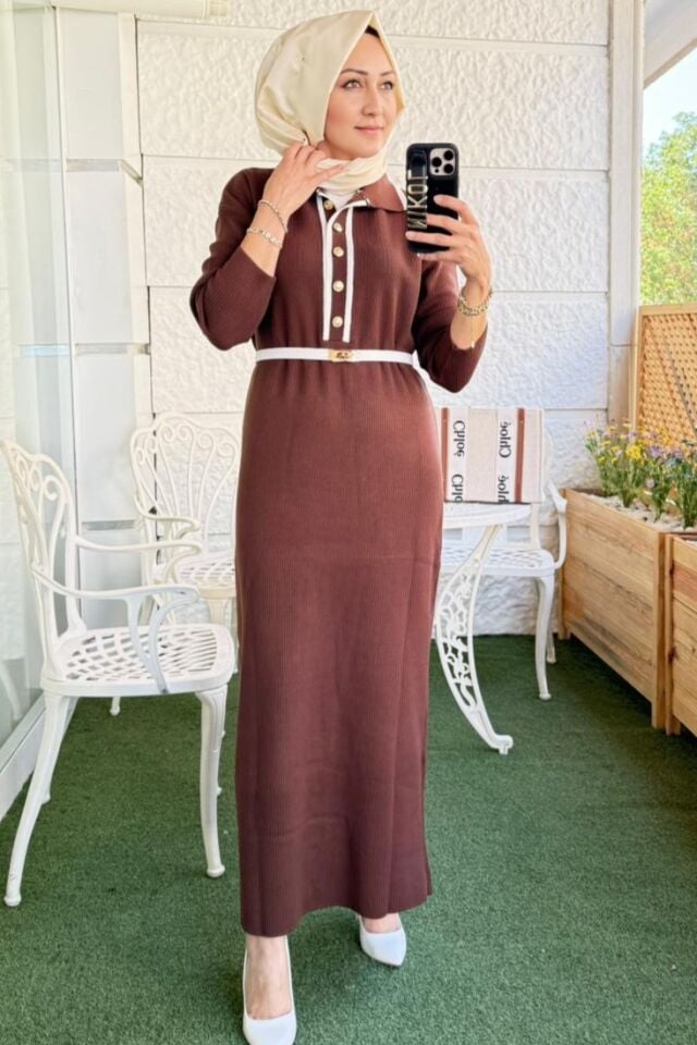 Fitilli Triko Elbise - Kahverengi