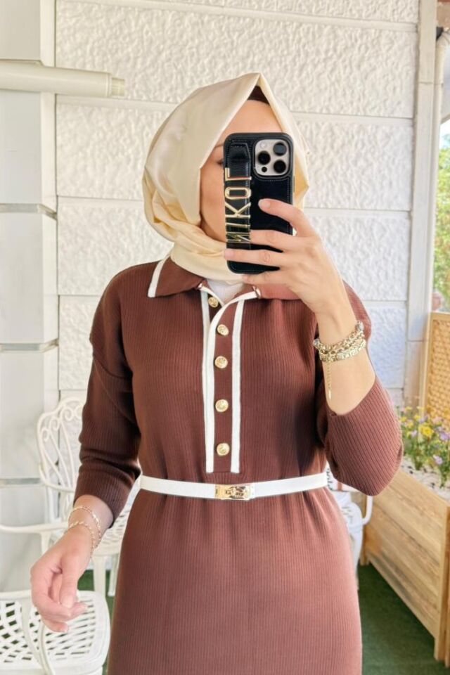 Fitilli Triko Elbise - Kahverengi