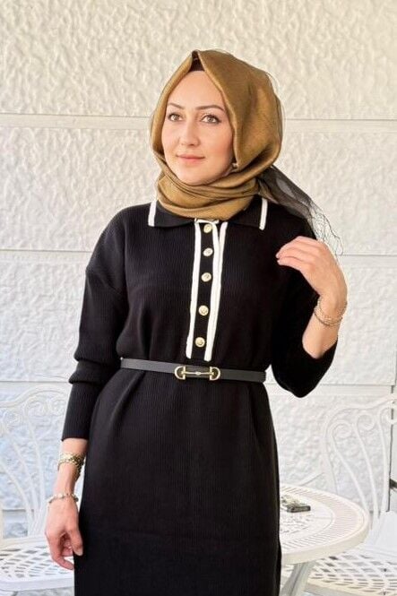 Fitilli Triko Elbise - Siyah