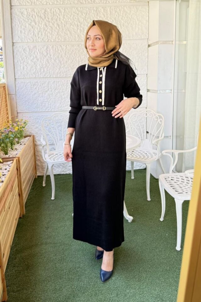 Fitilli Triko Elbise - Siyah