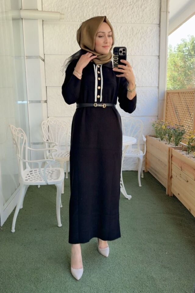 Fitilli Triko Elbise - Siyah