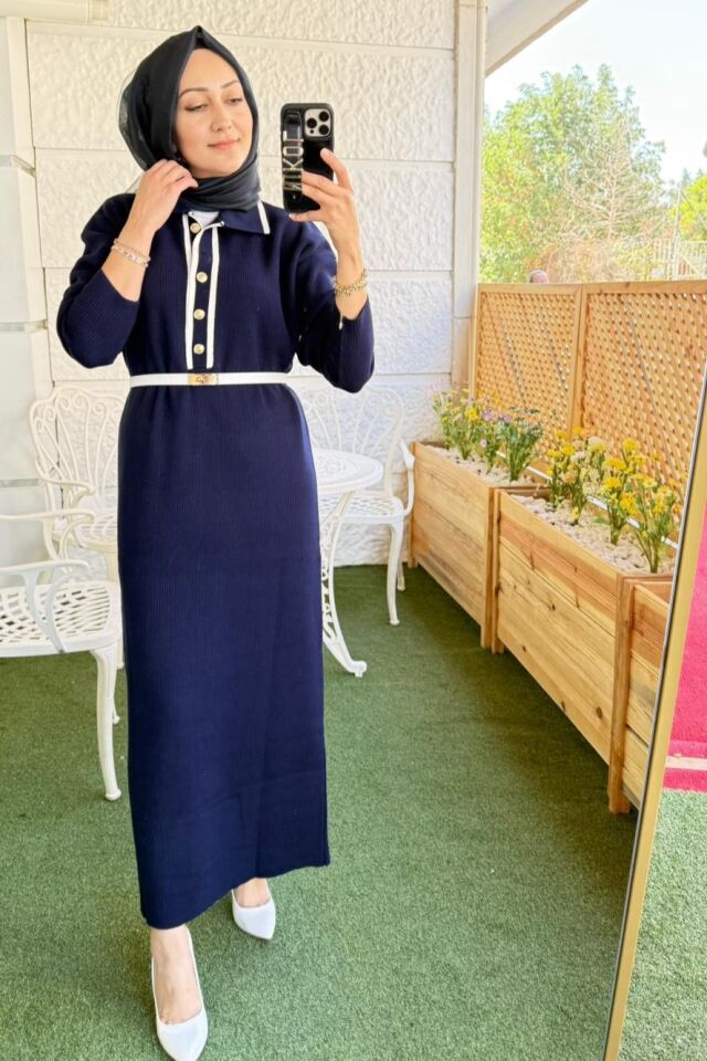 Fitilli Triko Elbise - Lacivert