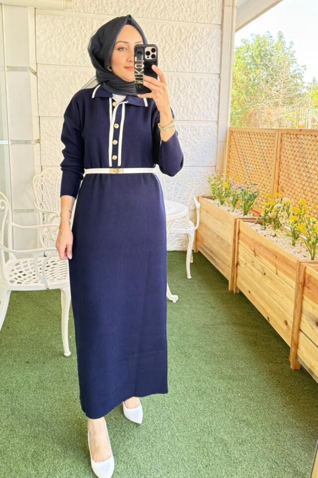 Fitilli Triko Elbise - Lacivert