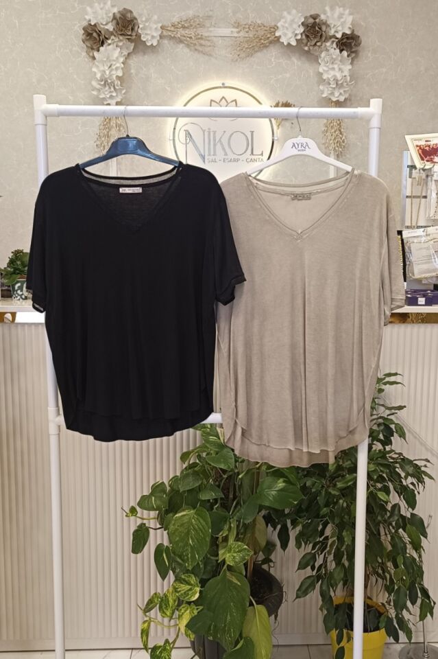 V Yaka Düşük Kol Salaş Bluz