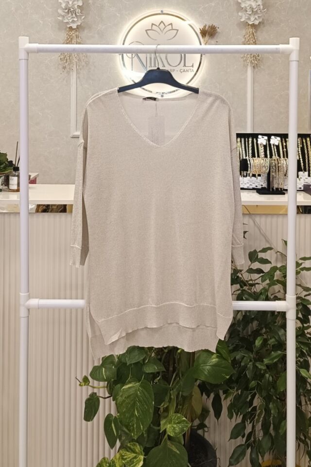 Işıltılı Kapri Kol V Yaka Bluz