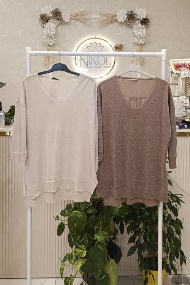 Işıltılı Kapri Kol V Yaka Bluz