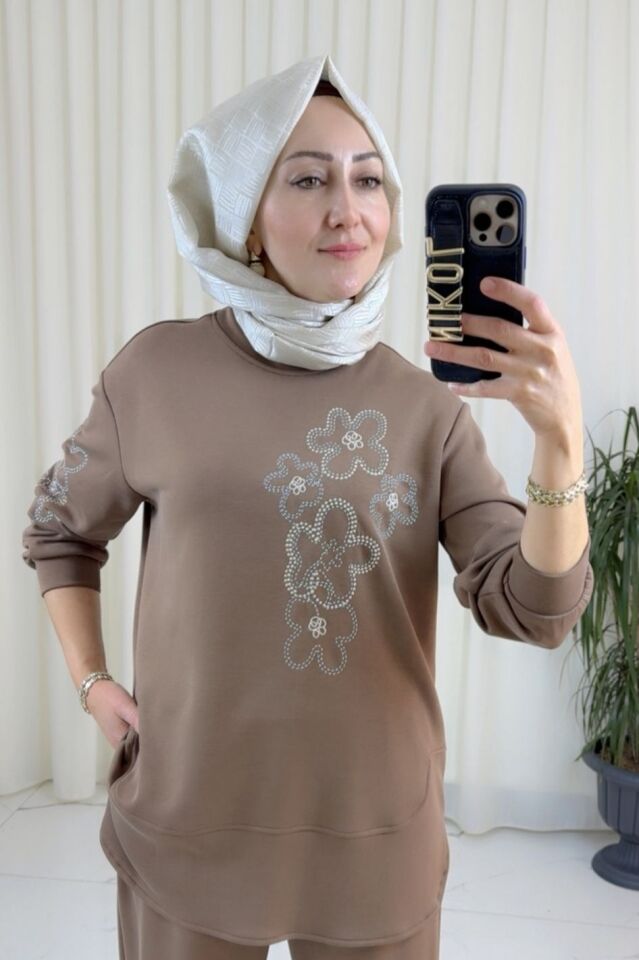 Çiçek İşlemeli İkili Takım - Kahverengi