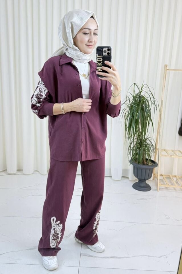 Payet İşlemeli İkili Takım - Bordo