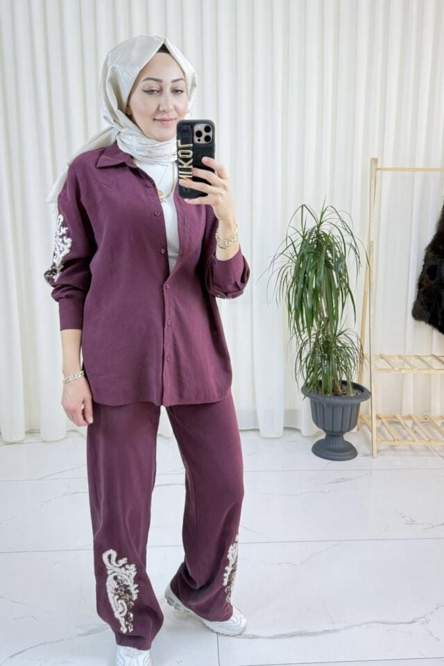 Payet İşlemeli İkili Takım - Bordo