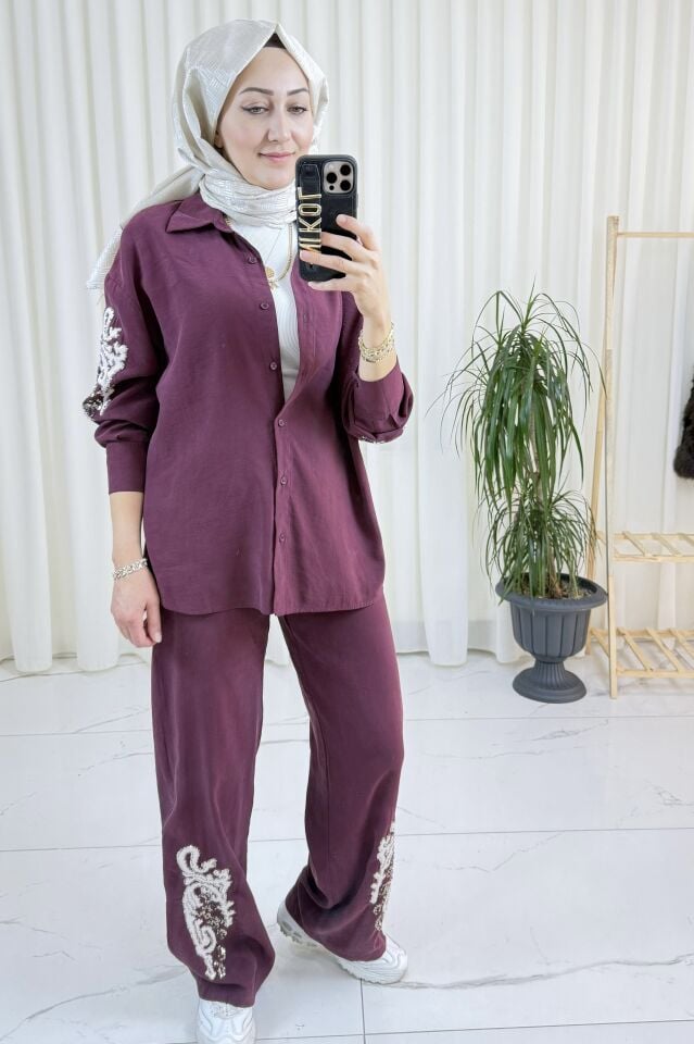 Payet İşlemeli İkili Takım - Bordo