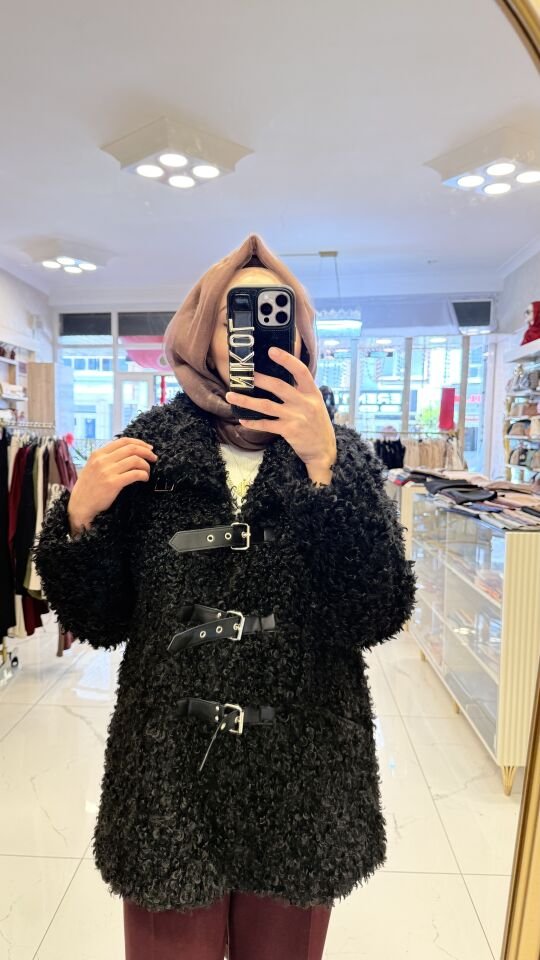 MERİNOS MODEL DERİ DETAYLI SİYAH KABAN