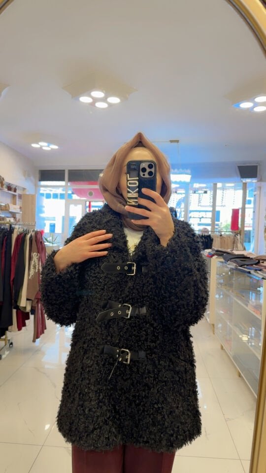 MERİNOS MODEL DERİ DETAYLI SİYAH KABAN