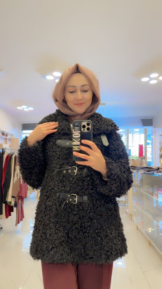 MERİNOS MODEL DERİ DETAYLI SİYAH KABAN