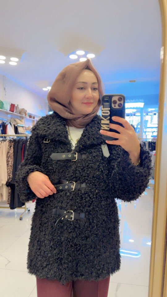 MERİNOS MODEL DERİ DETAYLI SİYAH KABAN