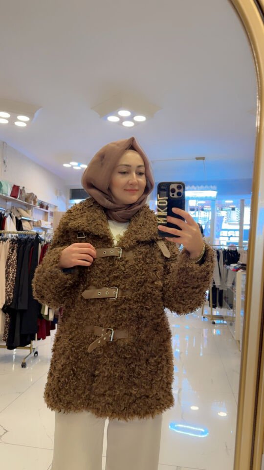 DERİ DETAYLI MERİNOS MODEL KAHVE KABAN