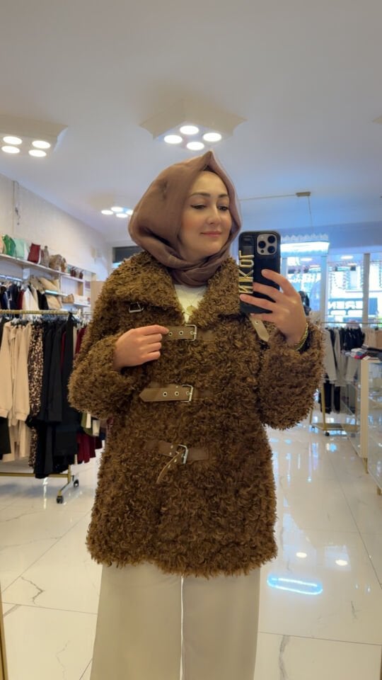 DERİ DETAYLI MERİNOS MODEL KAHVE KABAN