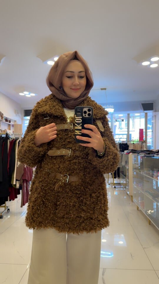 DERİ DETAYLI MERİNOS MODEL KAHVE KABAN