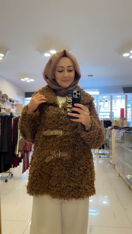 DERİ DETAYLI MERİNOS MODEL KAHVE KABAN