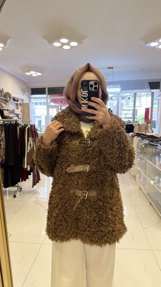 DERİ DETAYLI MERİNOS MODEL KAHVE KABAN