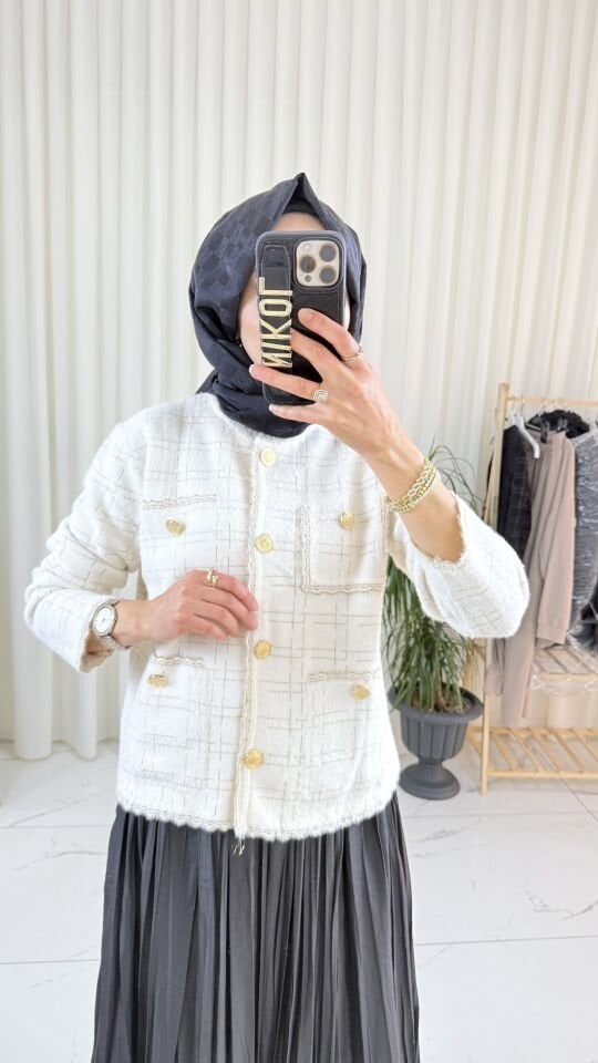 GOLD IŞILTILI EKRU TRİKO CEKET