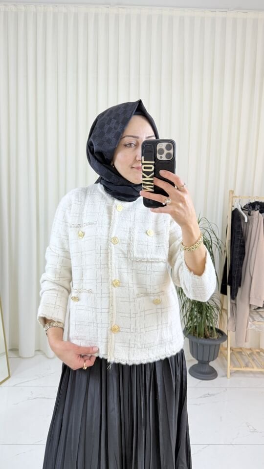 GOLD IŞILTILI EKRU TRİKO CEKET